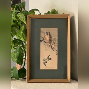 Framed Vintage Japanese Woodblock Print Owl And Sparrows